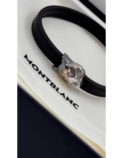 Montblanc Black Leather With Wolf-Head Closure In Sterling Silver MB12379063